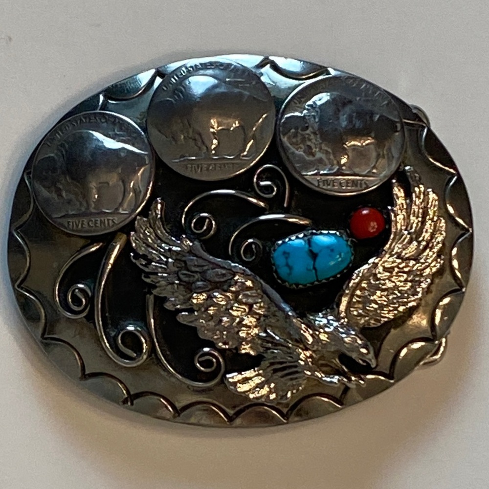 Native American Buffalo Nickle Silver Eagle Belt Buckle with Gemstone Accents